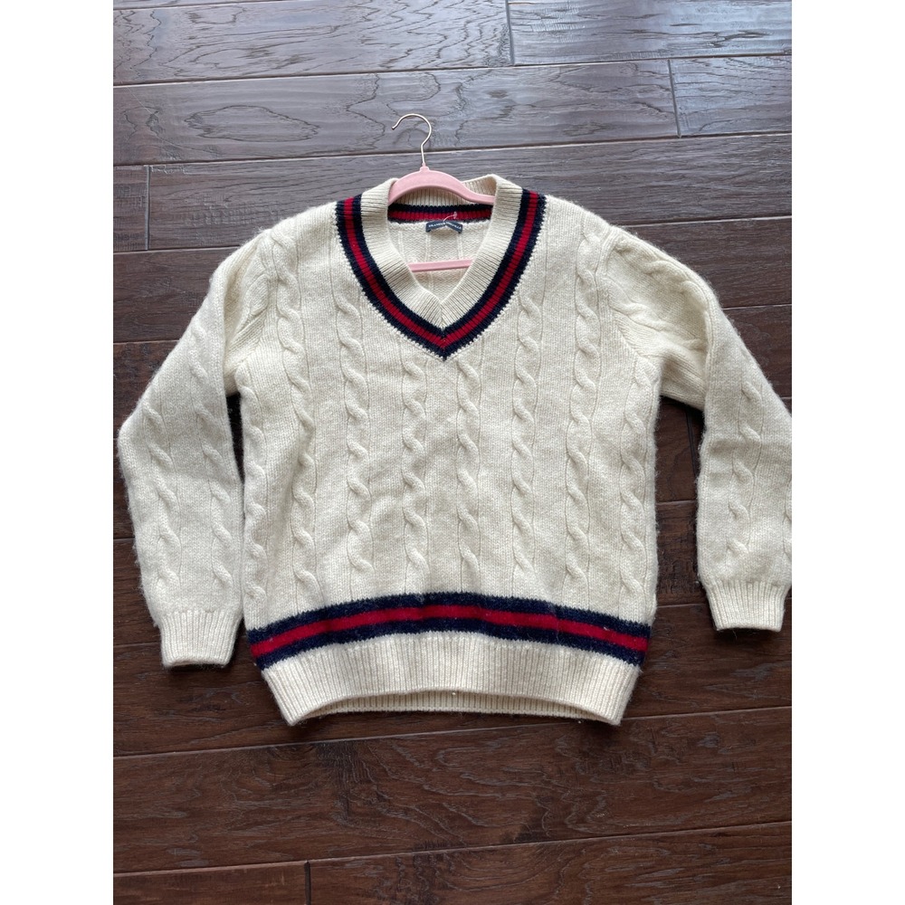 Brandy Melville Cream Cable Knit Varsity V-Neck Sweater Red Navy Stripe - Picture 2 of 5
